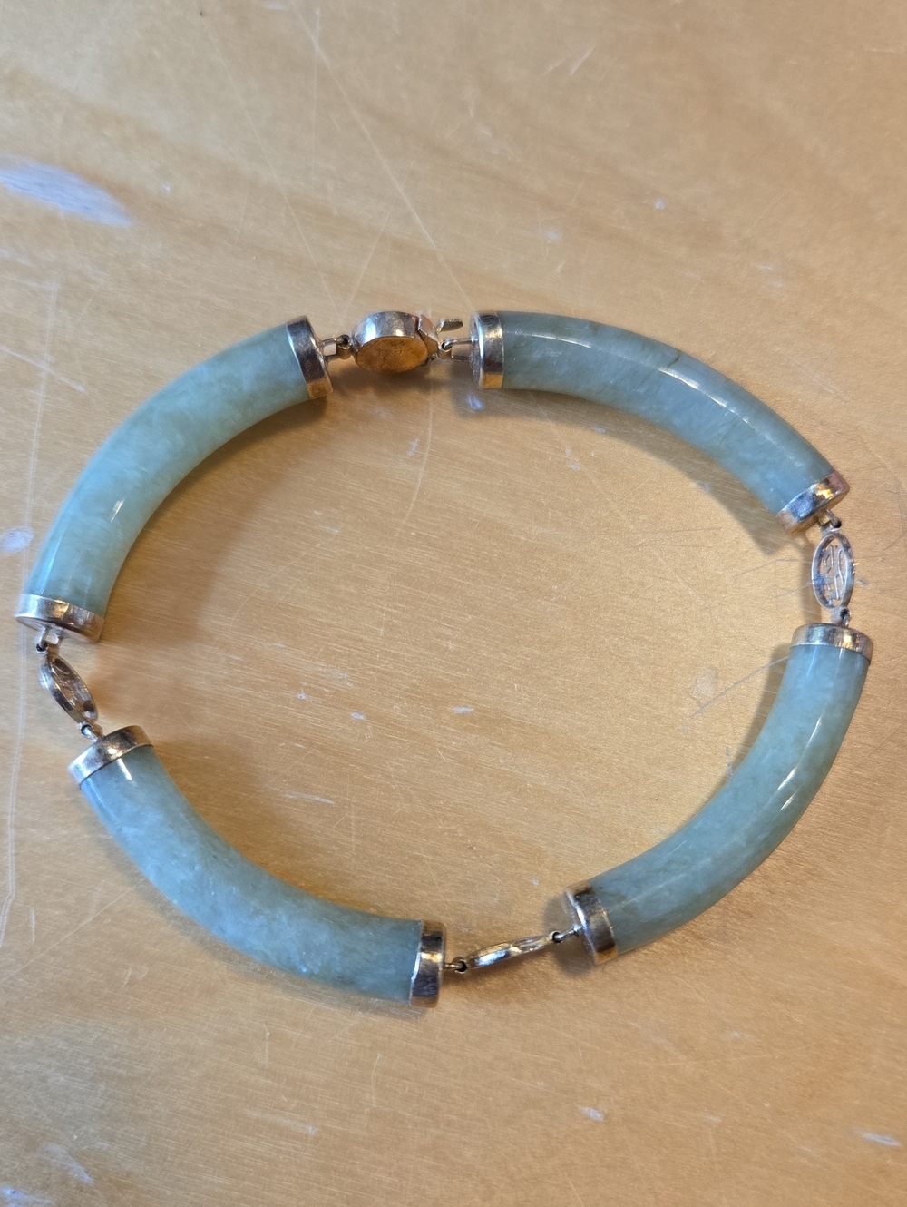 Vintage Green Jade Tube Bracelet with 14K Gold Links